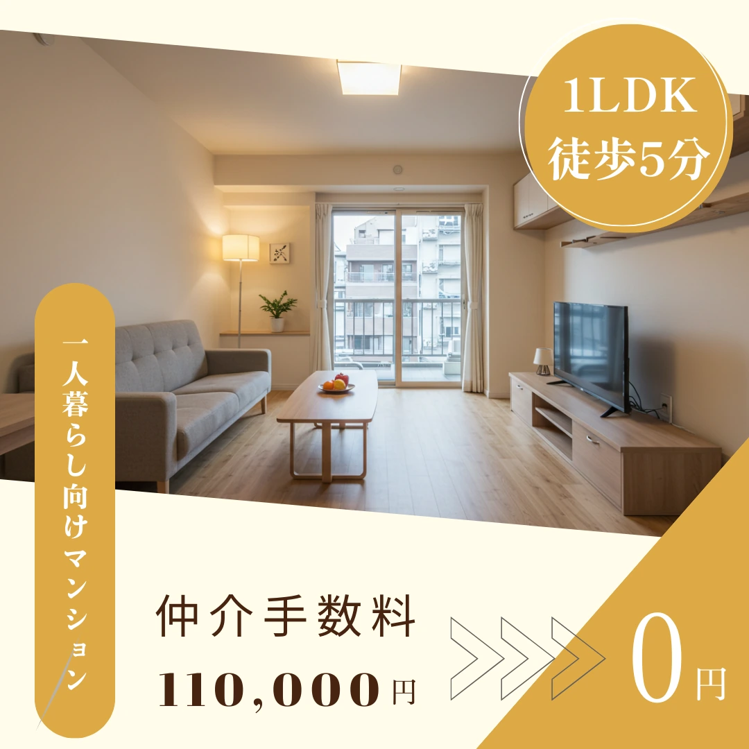 1LDK徒歩5分
仲介手数料110,000円を0円へ！