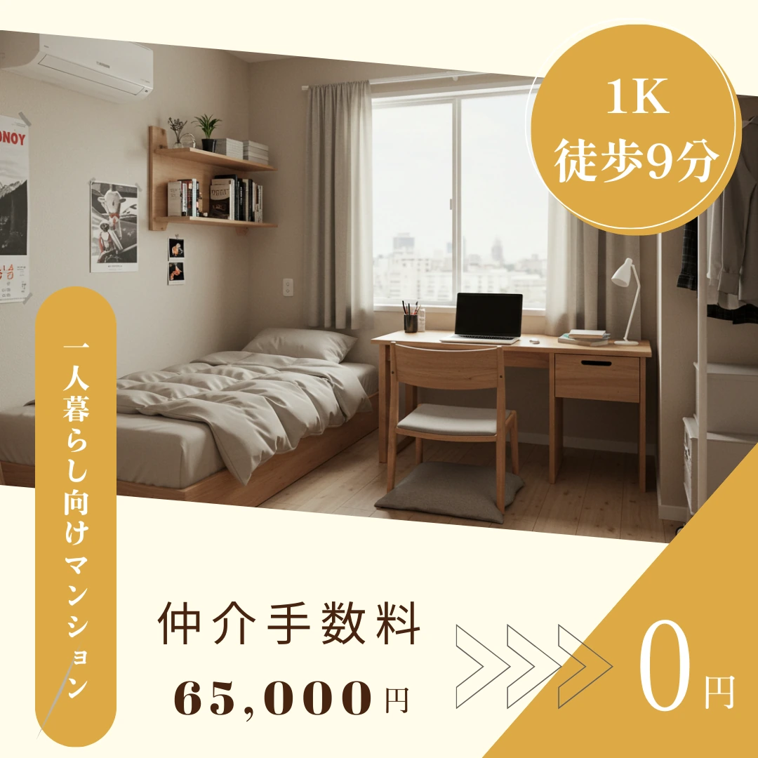 1K徒歩9分
仲介手数料65,000円を0円へ！